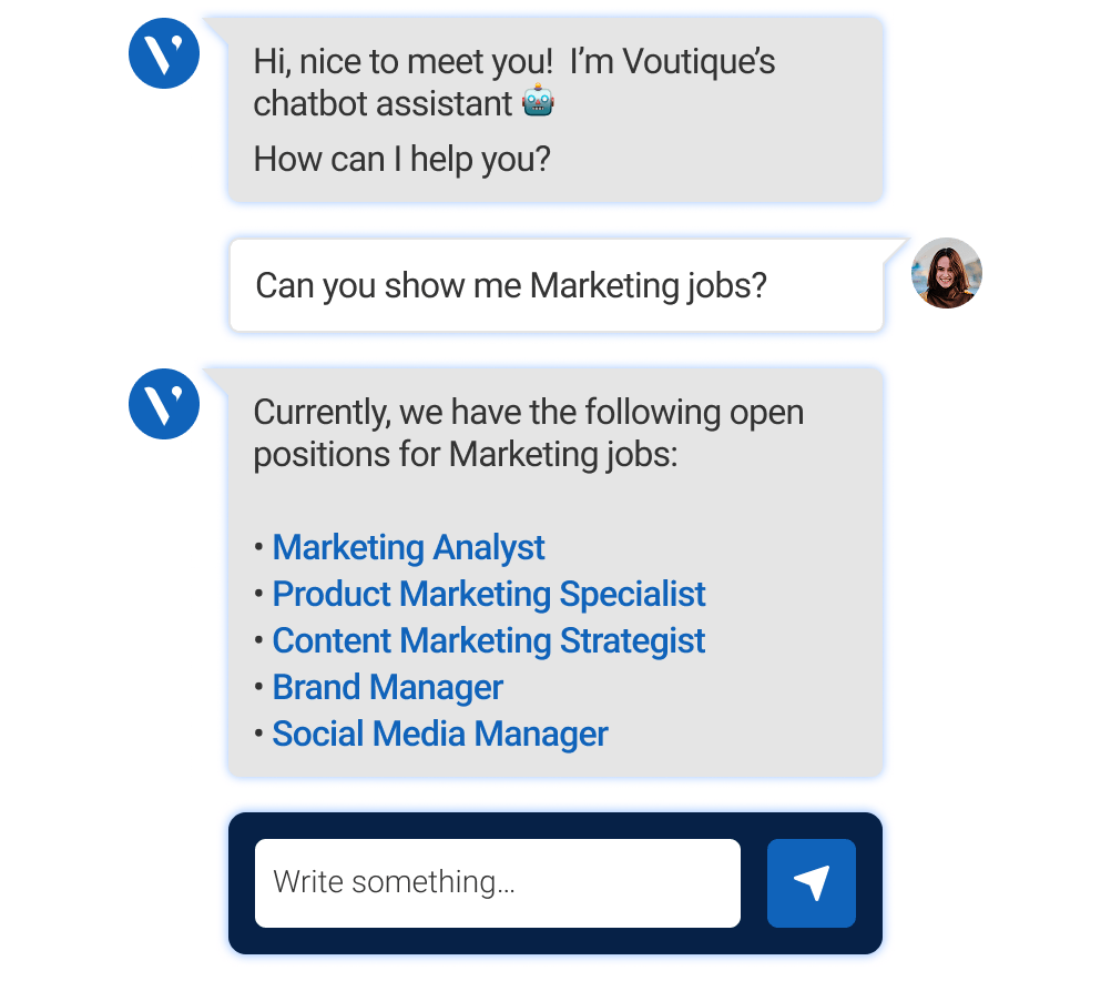 Avature Chatbot in action providing potential candidate with a list of job openings and information about the company.