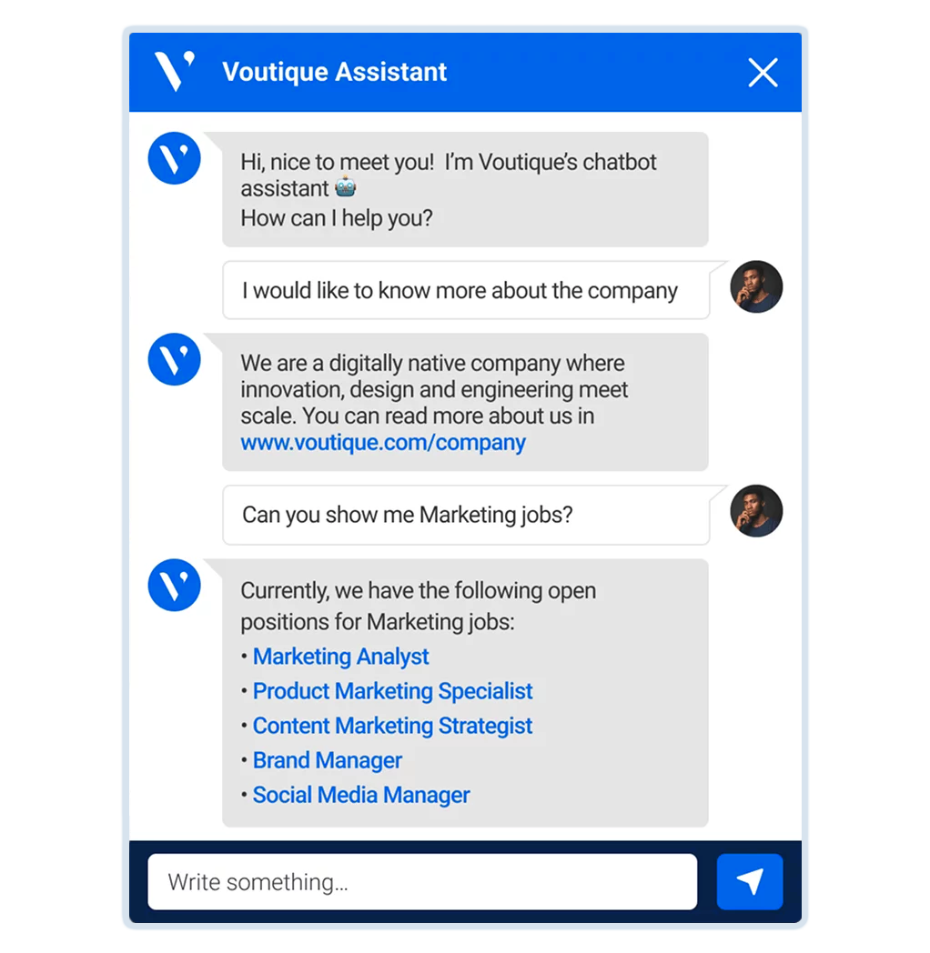 Avature Chatbot in action providing potential candidate with a list of job openings and information about the company.