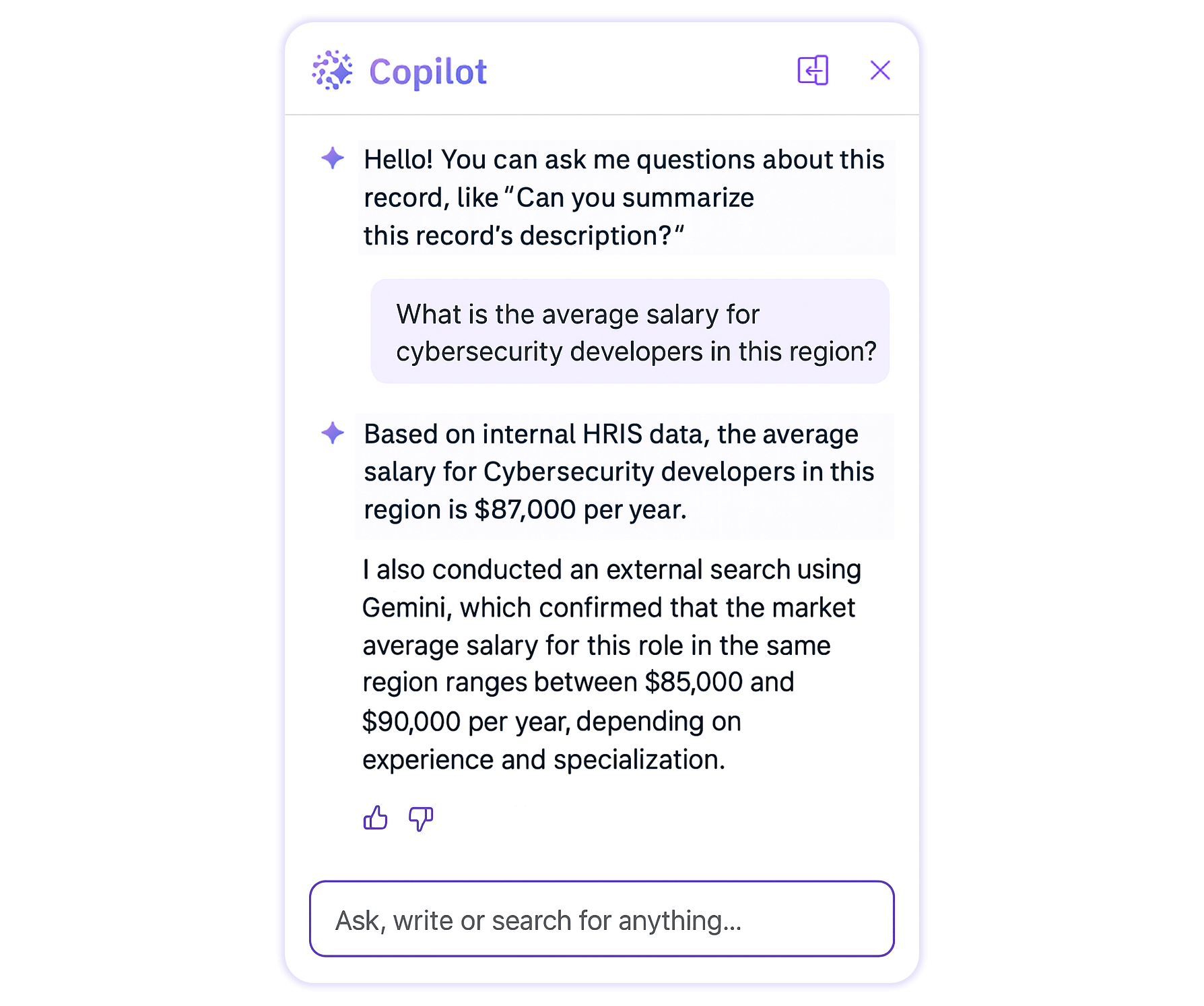Screenshot showing how Avature Copilot retrieves and summarizes salary information for the Cybersecurity Developer role using data from the company’s HRIS and Gemini.
