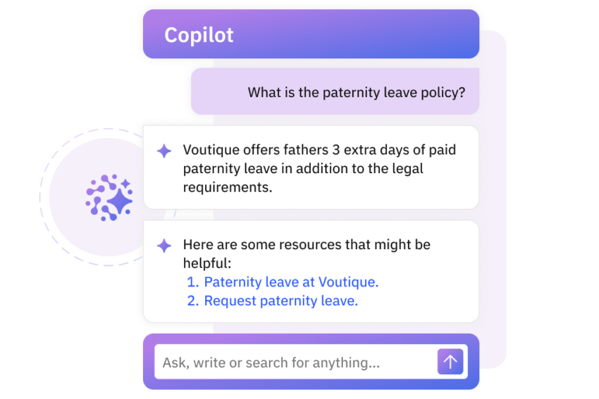 llustration of an HR chatbot interface labeled “Copilot,” showing a user asking about paternity leave policy. The chatbot responds with policy details and helpful links, demonstrating automated employee support.