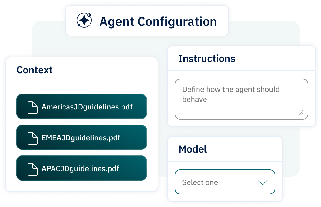 Avature agent configuration screen displaying uploaded context documents, an instructions field, and a model selection dropdown.